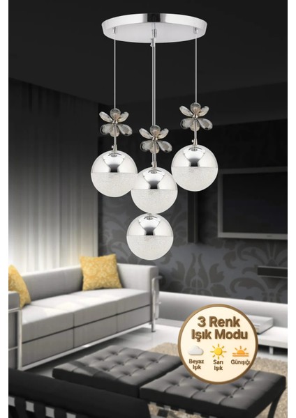 Kelebek 4'lü Gümüş Sarkıt 3 Renk Kademeli Ledli Kristal Taşlı Modern LED Avize