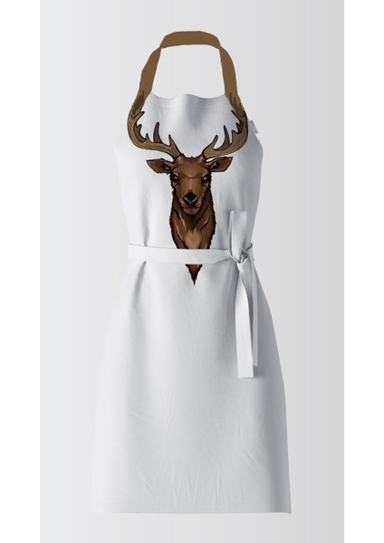 Beyaz geyik desenli şık mutfak önlüğü, estetik ve fonksiyonel tasarım, 80x65 cm