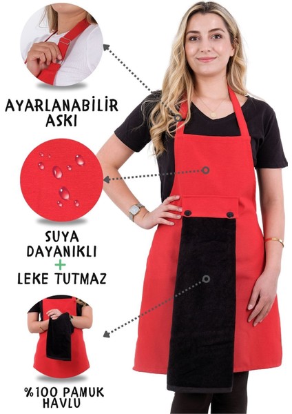 Kırmızı-siyah mutfak önlüğü seti, pamuk polyester, 50x70 cm, havlulu tasarım