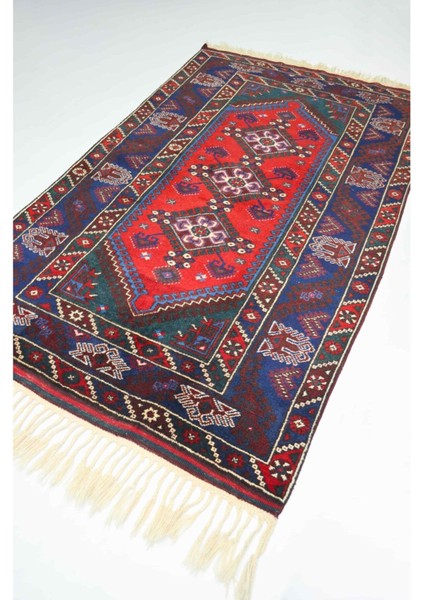 Antalya Döşemealtı El Dokuma Kırmızı ve Lacivert Renk Yün Halı 125X202 cm (2.52 M²) fırsatları