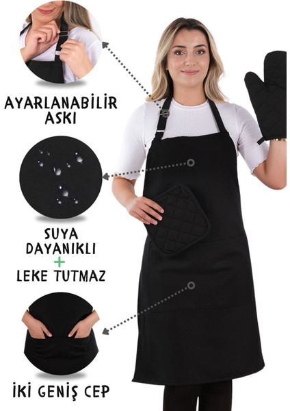3'lü Mutfak Önlüğü Seti, Eldiven ve Tutacak, Şık ve Kullanışlı, 60x80, Pamuk Polyester