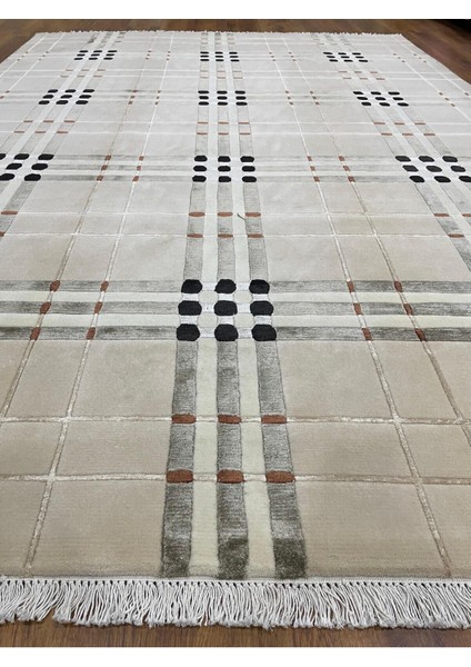 Ekose Desenli, Yeni Zelanda Yünü El Dokuma Pamuk Saçaklı London Halı 38138 modelleri