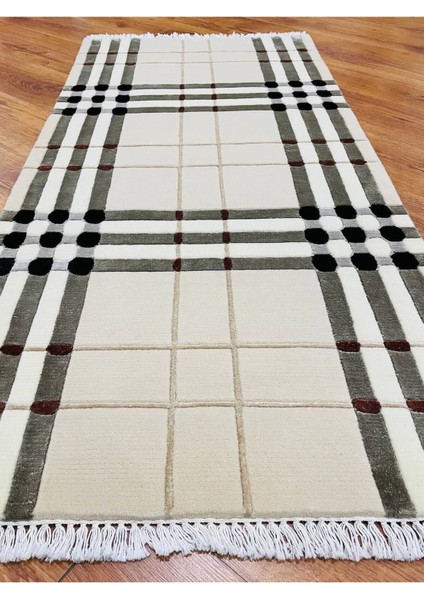 Ekose Desenli, Yeni Zelanda Yünü El Dokuma Pamuk Saçaklı London Halı 38138 indirimleri