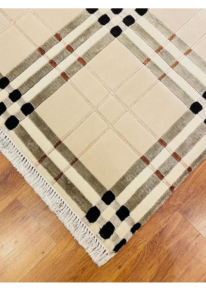 Ekose Desenli, Yeni Zelanda Yünü El Dokuma Pamuk Saçaklı London Halı 38138