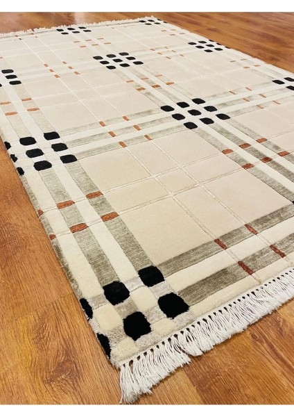 Ekose Desenli, Yeni Zelanda Yünü El Dokuma Pamuk Saçaklı London Halı 38138