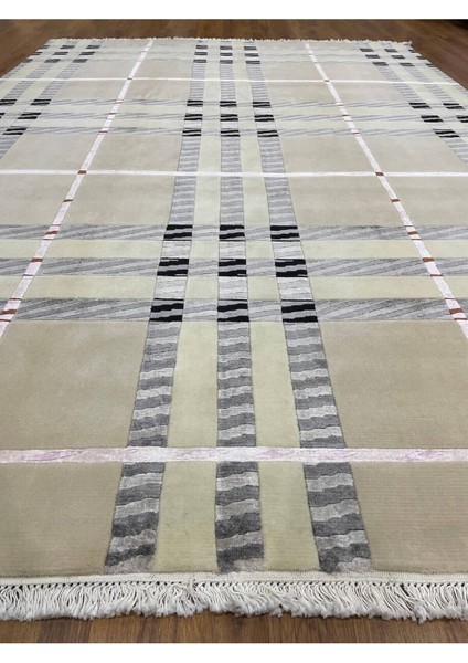Ekose Desenli, Yeni Zelanda Yünü El Dokuma Pamuk Saçaklı London Halı 38141 modelleri