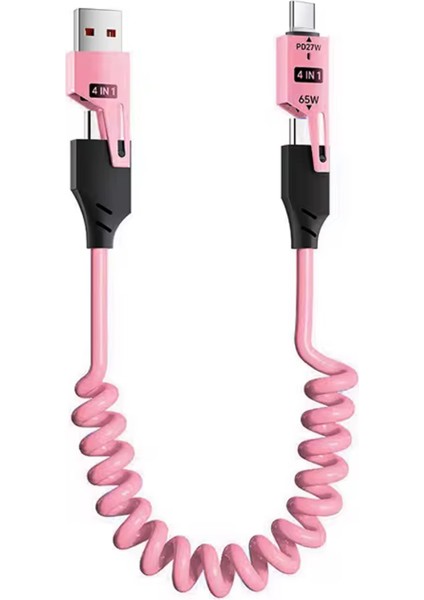 Eıma Iphone iPad MacBook Android Uyumlu 4in1 Spiral Şarj Kablosu 65W Hızlı Şarj - Usb-A Type-C Lightning Çoklu Kablo - Esnek Yay Tasarım - Premium Kalite Çok Fonksiyonlu Data Kablosu 1.5m Sarı