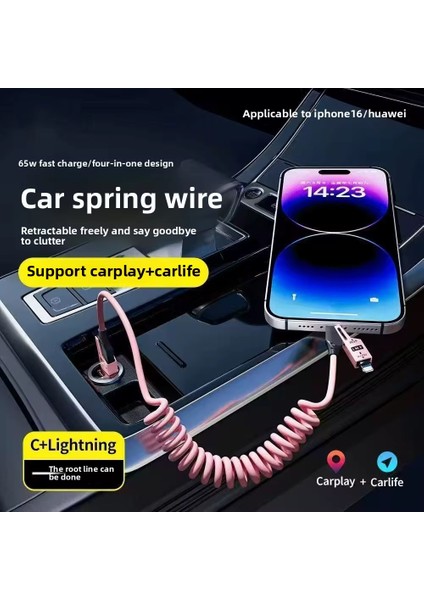 Eıma Iphone iPad MacBook Android Uyumlu 4in1 Spiral Şarj Kablosu 65W Hızlı Şarj - Usb-A Type-C Lightning Çoklu Kablo - Esnek Yay Tasarım - Premium Kalite Çok Fonksiyonlu Data Kablosu 1.5m Sarı