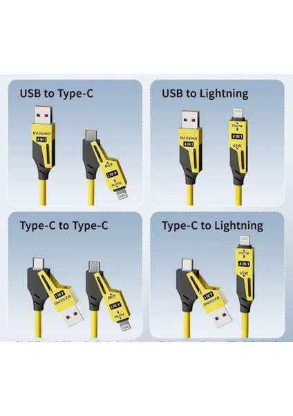 Eıma Iphone iPad MacBook Android Uyumlu 4in1 Spiral Şarj Kablosu 65W Hızlı Şarj - Usb-A Type-C Lightning Çoklu Kablo - Esnek Yay Tasarım - Premium Kalite Çok Fonksiyonlu Data Kablosu 1.5m Sarı
