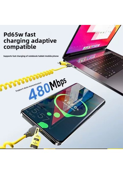 Eıma Iphone iPad MacBook Android Uyumlu 4in1 Spiral Şarj Kablosu 65W Hızlı Şarj - Usb-A Type-C Lightning Çoklu Kablo - Esnek Yay Tasarım - Premium Kalite Çok Fonksiyonlu Data Kablosu 1.5m Sarı