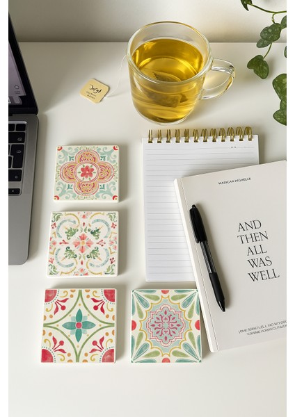 Renkli Geleneksel Motifli Doğal Taş Bardak Altlığı, Ev ve Ofis Dekoru, 4 Adet