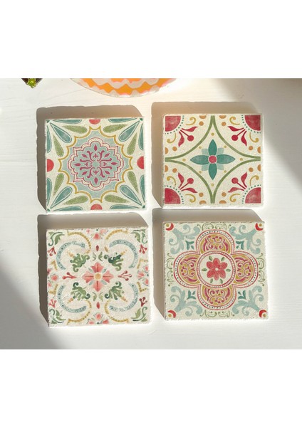 Renkli Geleneksel Motifli Doğal Taş Bardak Altlığı, Ev ve Ofis Dekoru, 4 Adet fiyatları