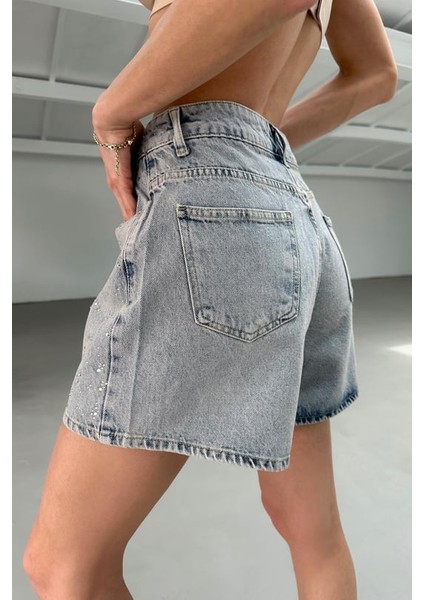Kadın Açık Mavi Parlak Taşlı Kot Şort Tasarım %100 Koton Denim Şort