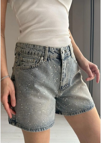 Kadın Açık Mavi Parlak Taşlı Kot Şort Tasarım %100 Koton Denim Şort