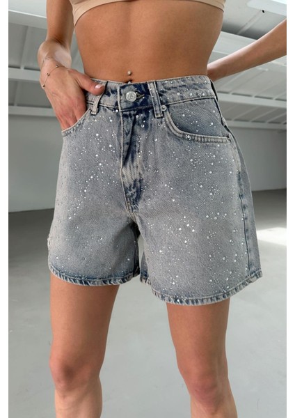 Kadın Açık Mavi Parlak Taşlı Kot Şort Tasarım %100 Koton Denim Şort