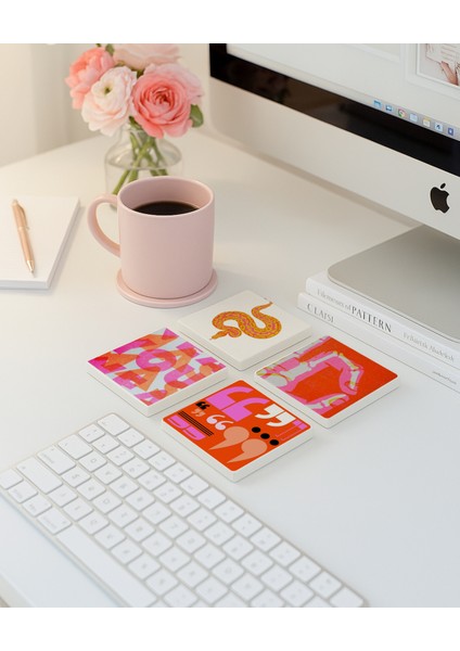 Retro Pembe Desenli Doğal Taş Bardak Altlığı, Ofis Masa Dekoru, 4 Adet