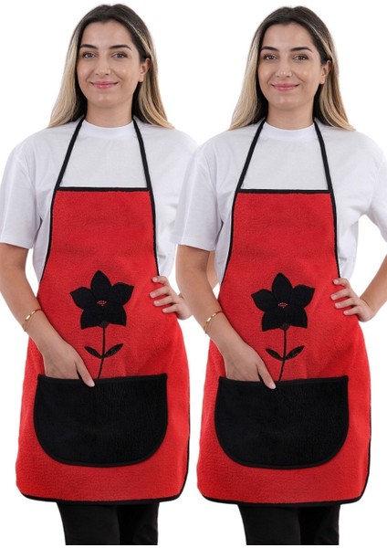 Kırmızı Çiçekli Su Geçirmez Mikrofiber Mutfak Önlüğü 50x70