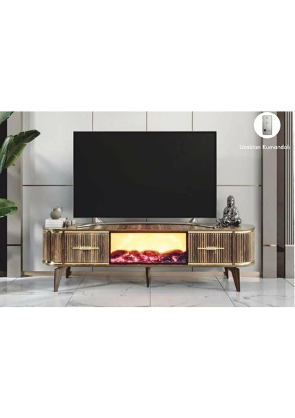 2 Kapılı Ceviz Uzaktan Kumandalı Şömineli Tv Sehpası