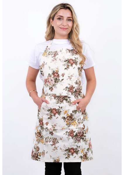 Şık ve kullanışlı mutfak önlüğü, kahve güllü tasarım, 60x80, pamuk polyester
