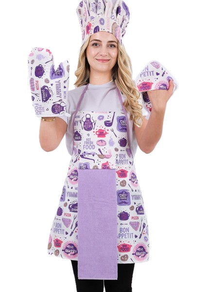 5'li mutfak önlüğü seti, mor renk, pamuk polyester, şapka, eldiven, tutacak, 55x75 cm