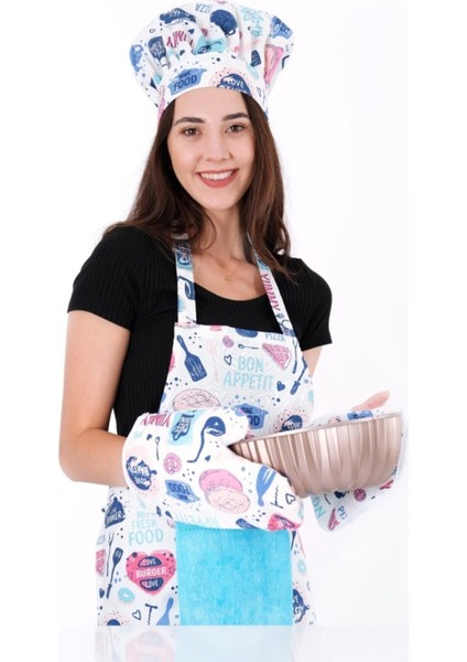 Turkuaz mutfak önlüğü, eldiven, tutacak ve ayarlanabilir şapka, pamuk polyester, 55x75