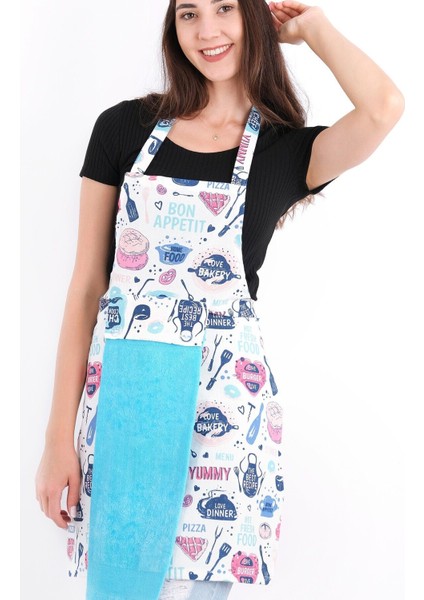 Turkuaz mutfak önlüğü, eldiven, tutacak ve ayarlanabilir şapka, pamuk polyester, 55x75 fiyatları