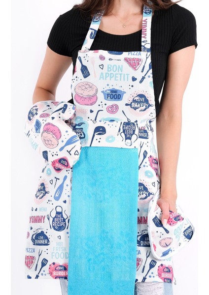 Turkuaz mutfak önlüğü, eldiven, tutacak ve ayarlanabilir şapka, pamuk polyester, 55x75 fırsatları