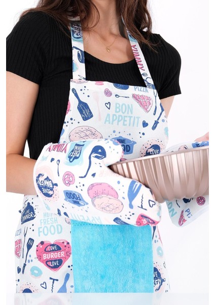 Turkuaz mutfak önlüğü, eldiven, tutacak ve ayarlanabilir şapka, pamuk polyester, 55x75 indirimleri