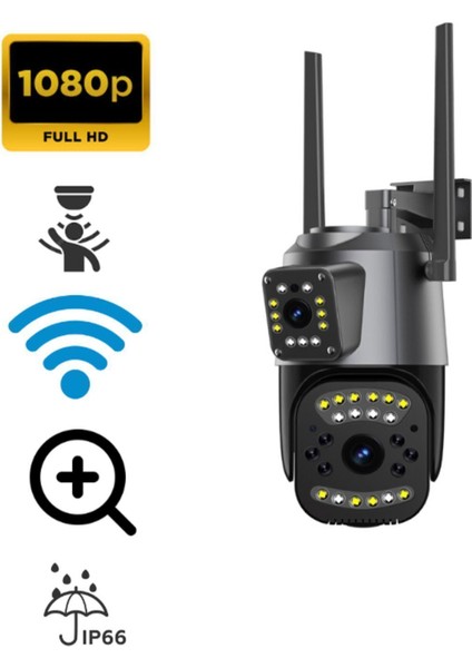1080P Hd Ip Kamera Wifi Özellikli Hareket Takipli Gece Sensörlü Çift Lensli Güvenlik Kamera