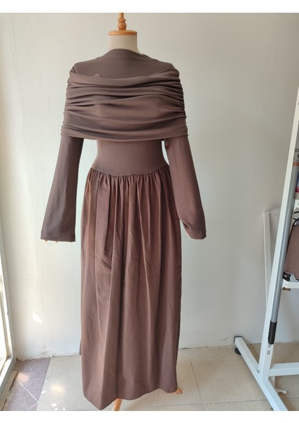 Drape Detaylı Acıkahve Penye Elbise