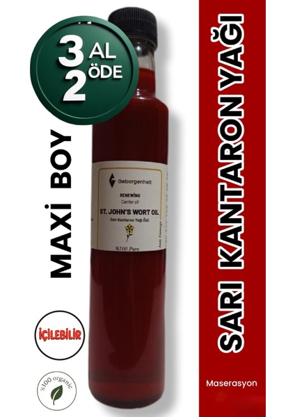 LÜTFEN DİKKAT ! İÇİLEBİLİR SARI KANTARON YAĞI Maxi Boy %100 Saf Doğal Katkısız Geleneksel Yöntem Ile Üretildi 250ml. CİLDTE OLUŞAN LEKE , YARA ve KIZARIKLIKLARDA DESTEKLEYİCİ