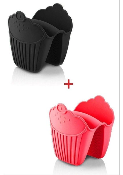 İki Adet Isı Yalıtımlı Silikon Fırın Eldiveni Seti, Siyah-Kırmızı, 6x6 cm