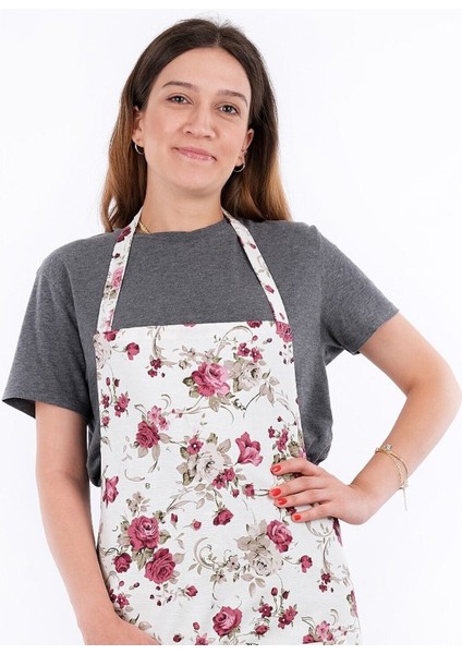 Kırmızı gül desenli şık mutfak önlüğü 60x80, pamuk polyester malzeme