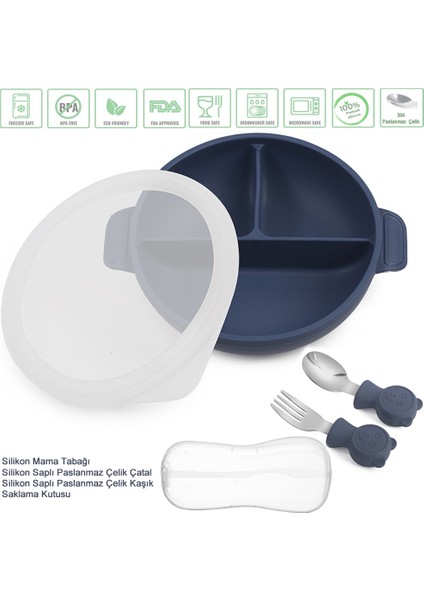 Silikon Beslenme Seti Vakumlu Silikon Mama Tabağı, Paslanmaz Çelik Çatal-Kaşık ve Saklama Kutusu / Lacivert Renk