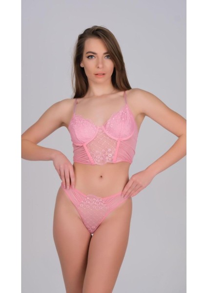 Terry Pınk Romantik Pembe Dantel Detaylı Büstiyer ve Külot Takımı