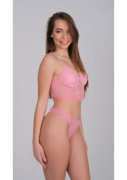 Terry Pınk Romantik Pembe Dantel Detaylı Büstiyer ve Külot Takımı