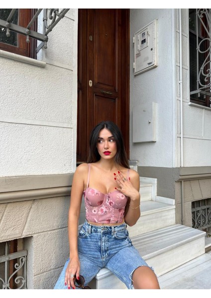 Chloen Pink - Feminen Dantelli Pembe Bralet Külot Takımı