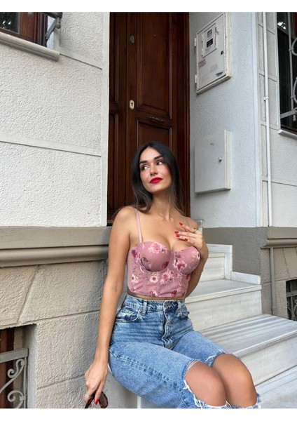 Chloen Pink - Feminen Dantelli Pembe Bralet Külot Takımı
