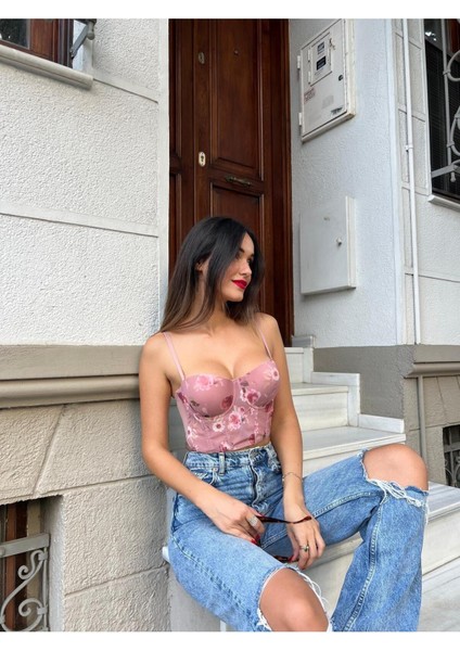 Chloen Pink - Feminen Dantelli Pembe Bralet Külot Takımı