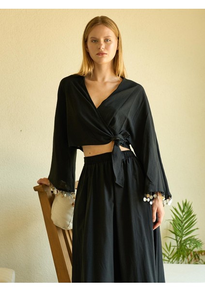 Keten Kol Detaylı Siyah Kimono Bluz