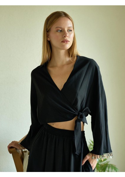 Keten Kol Detaylı Siyah Kimono Bluz modelleri