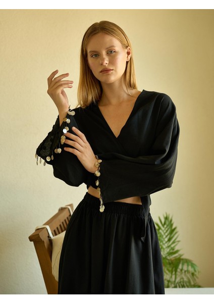 Keten Kol Detaylı Siyah Kimono Bluz fırsatları