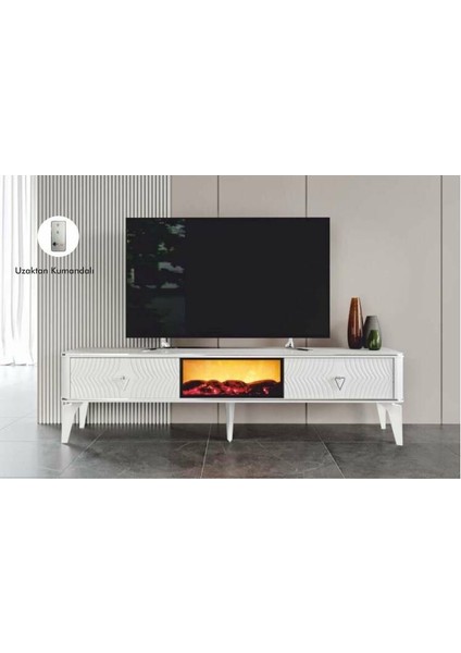 2 Kapılı Beyaz/gümüş Uzaktan Kumandalı Smart Şömineli Tv Sehpası