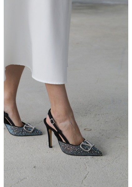 Vilda Gümüş Taş Detaylı Siyah Topuklu Ayakkabı