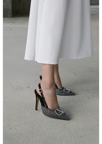 Vilda Gümüş Taş Detaylı Siyah Topuklu Ayakkabı modelleri