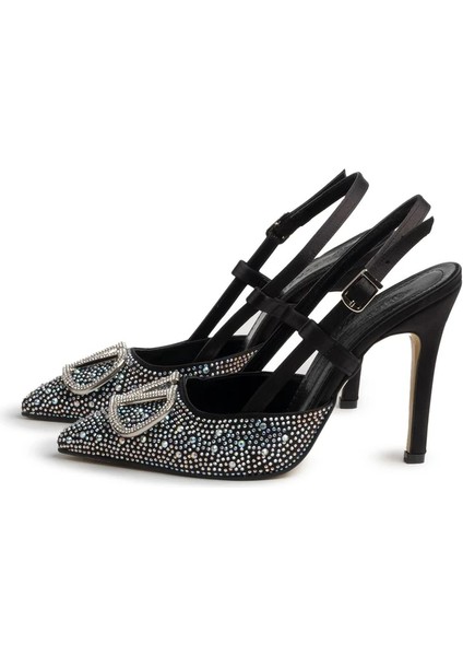 Vilda Gümüş Taş Detaylı Siyah Topuklu Ayakkabı