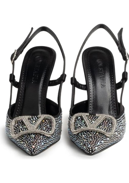 Vilda Gümüş Taş Detaylı Siyah Topuklu Ayakkabı