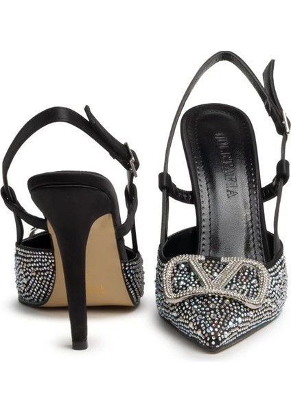 Vilda Gümüş Taş Detaylı Siyah Topuklu Ayakkabı