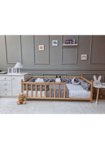 Montessori Beşik Uyku Seti - Örgü Kenar Gri Koruma Seti