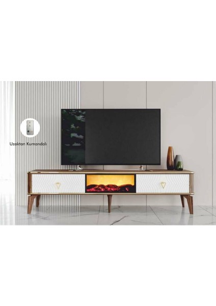 2 Kapılı Ceviz/beyaz Uzaktan Kumandalı Smart Şömineli Tv Sehpası